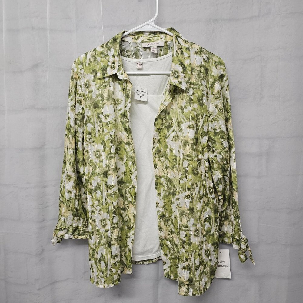JM Collection Blouse Tank Combo Green Floral Boho Cottage Casual 16 NWT - Picture 9 of 10